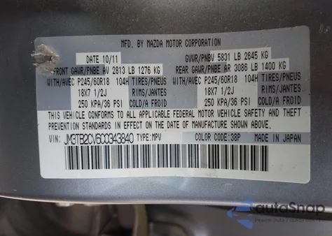 2012 Mazda Cx-9 Touring from USA, damaged, VIN JM3TB2CV6C0343840